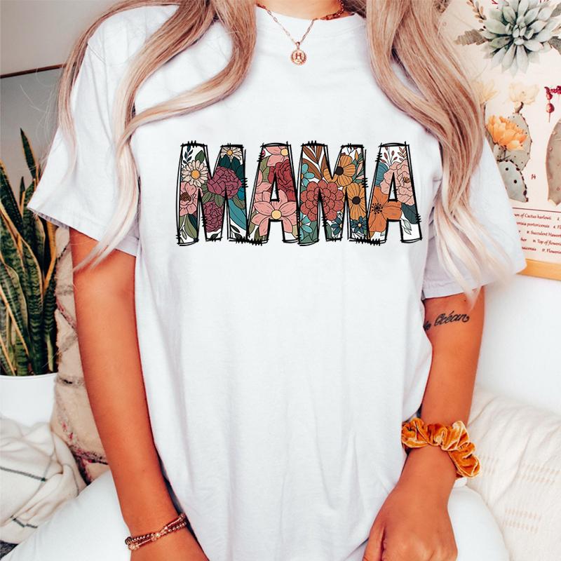Retro Flower MAMA Graphic T Shirts Women Mothers Day Gift for New Mom Cute Mama Tshirt Leopard Lightning Mama Crew Neck Tshirt