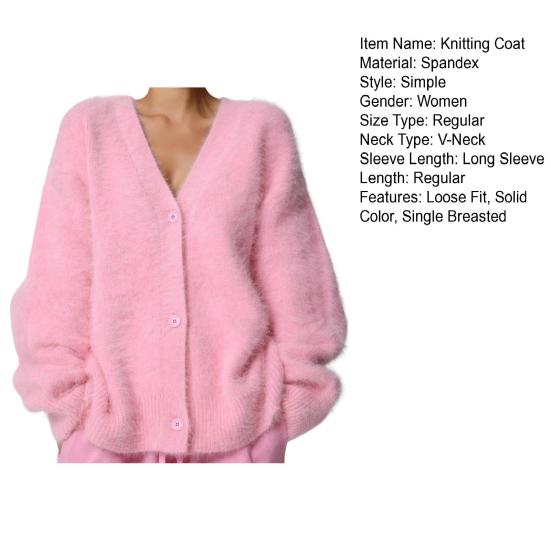 Women Knitting Coat V-Neck Long Sleeve Solid Color Single Breasted Sweater Coat Loose Fit Stretchy Outwear