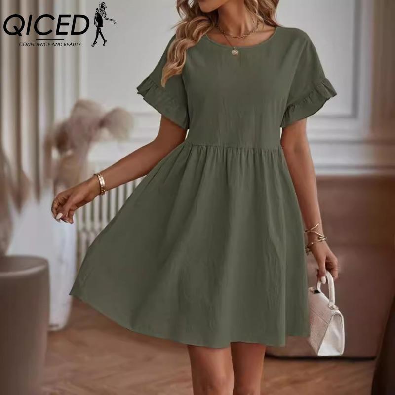 

QICED Женская Мода Лето Весна Однотонный Принт Круглый Вырез Завышенная Талия Повседневные Платья XXL армия зеленый