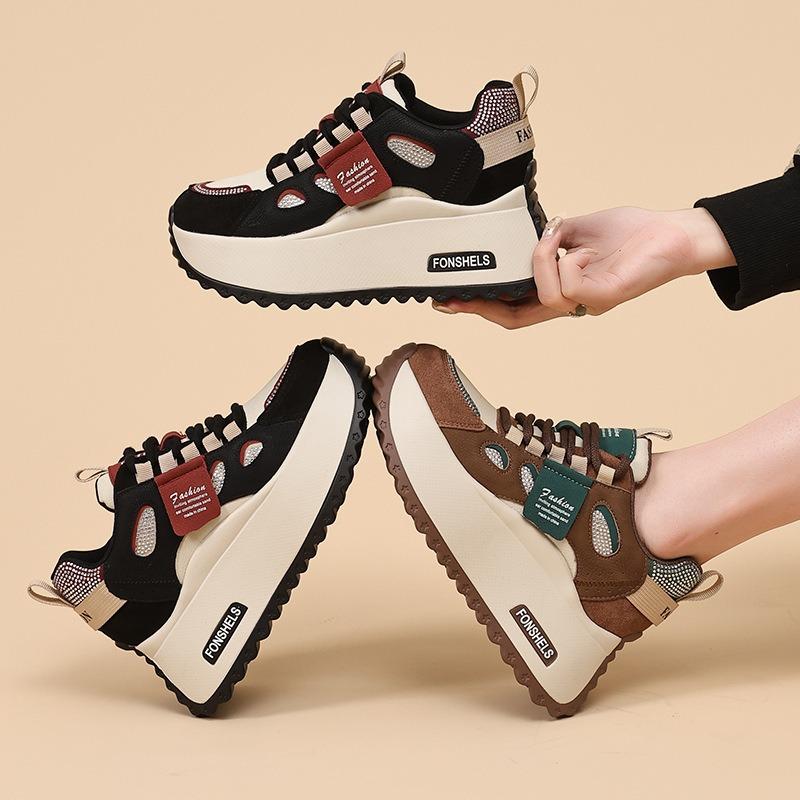 Innere Höherlegung Plateau Schuhe Damen Frühling und Herbst Neu Lässig Schnürung Farbabstimmung Student Laufschuhe