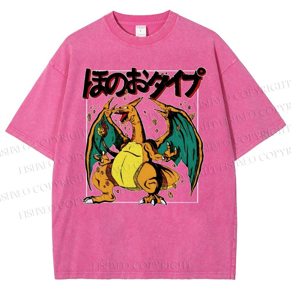 2026 Summer Charizard Pokemon Anime Men's T-shirt Vintage Washed Women Short Sleeve Tee Streetwear Oversized Casual Tops Unisex