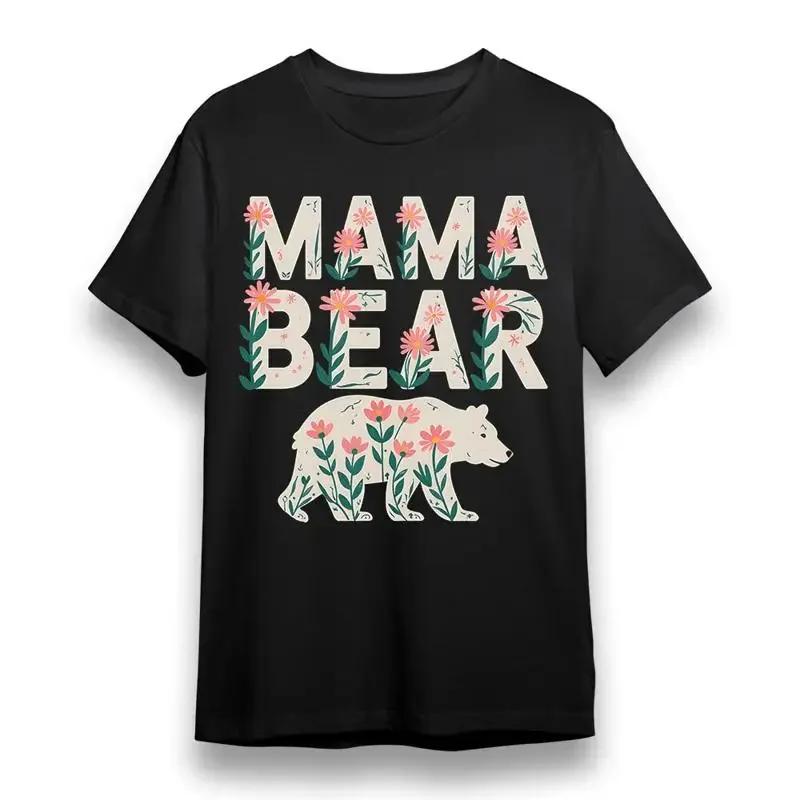 Women'S T Shirt With Floral Mama Bear Black 100 Cotton
