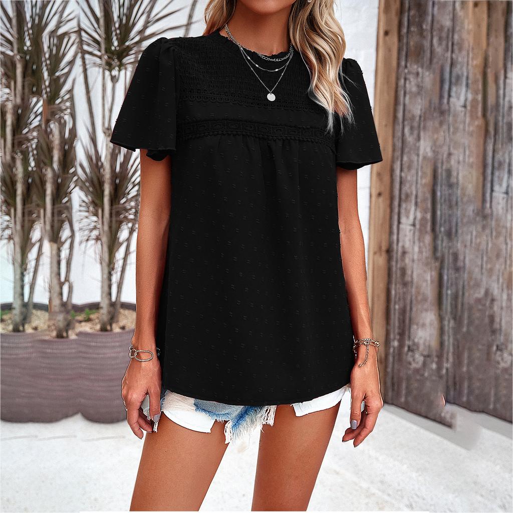 Diyun European and American Women's Clothing Spring and Summer Temperament Solid Color Short-sleeved Lace Top