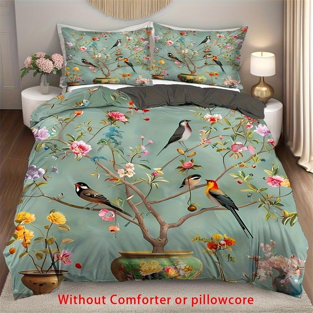 

2/3pcs Flower and Bird Pattern Duvet Cover Set, 1 Duvet Cover+1/2 Pillowcase, Without Core Vintage Flower and Bird Bonsai Print Duvet Cover Set&EU Single(135x200cm)