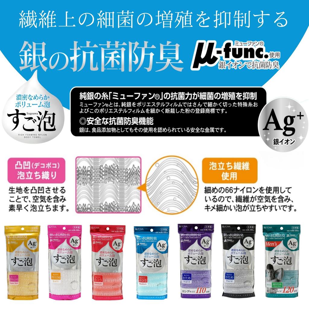 Towa Sangyo Antibacterial Silver Nylon Body Towel, Medium, Blue