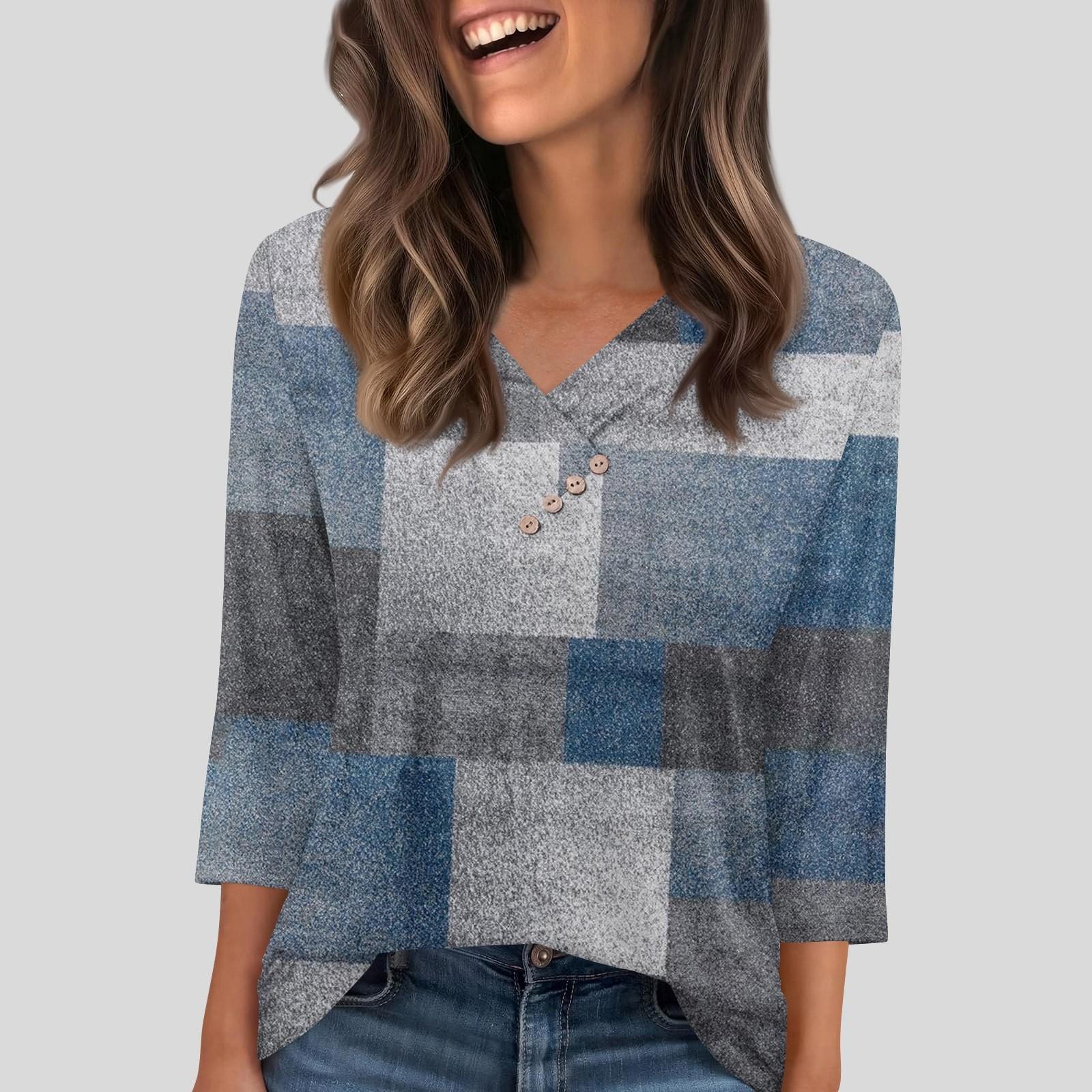 

Женская футболка, футболка, пуговица, рукав 3/4, туника, повседневная, для выходных, модная, базовая, с V-образным вырезом, обычный топ M синий