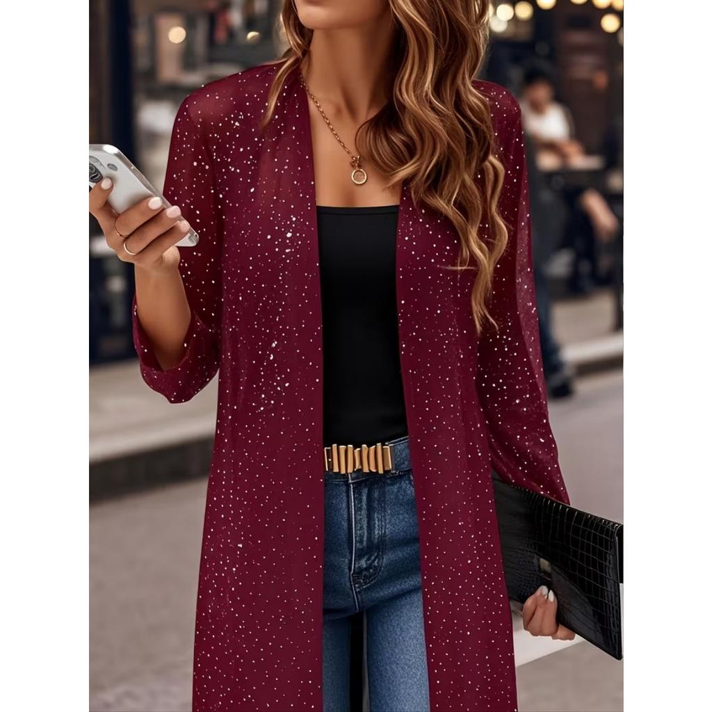 New Women's Elegant Shiny Mesh 3/4 Sleeve Open Cardigan, Fashion Casual Spring Summer Top for Women, European American Style