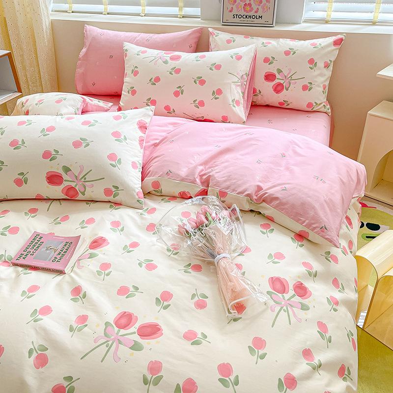 Juego de cuatro piezas de algodón puro de 60 hilos, cama gruesa de algodón puro, juego de tres piezas, algodón de fibra larga, funda de edredón pequeña y fresca, sábana ajustable