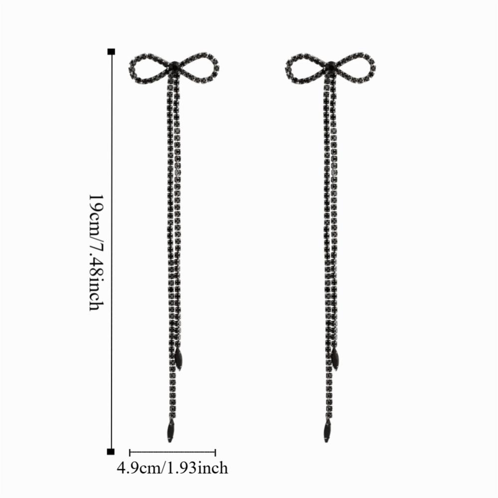 Trendy Rhinestone Long Tassel Earrings Black Alloy Bowknot Pendant Earrings Exaggerated Dangle Statement Drop Earrings Bridal