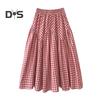 Women Midi Skirt Plaid Print Stitching Design A-Line Skirt Elastic High Waist Retro Style Swing Skirt Daily Wear