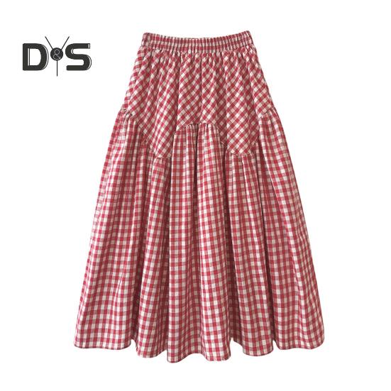 Women Midi Skirt Plaid Print Stitching Design A-Line Skirt Elastic High Waist Retro Style Swing Skirt Daily Wear