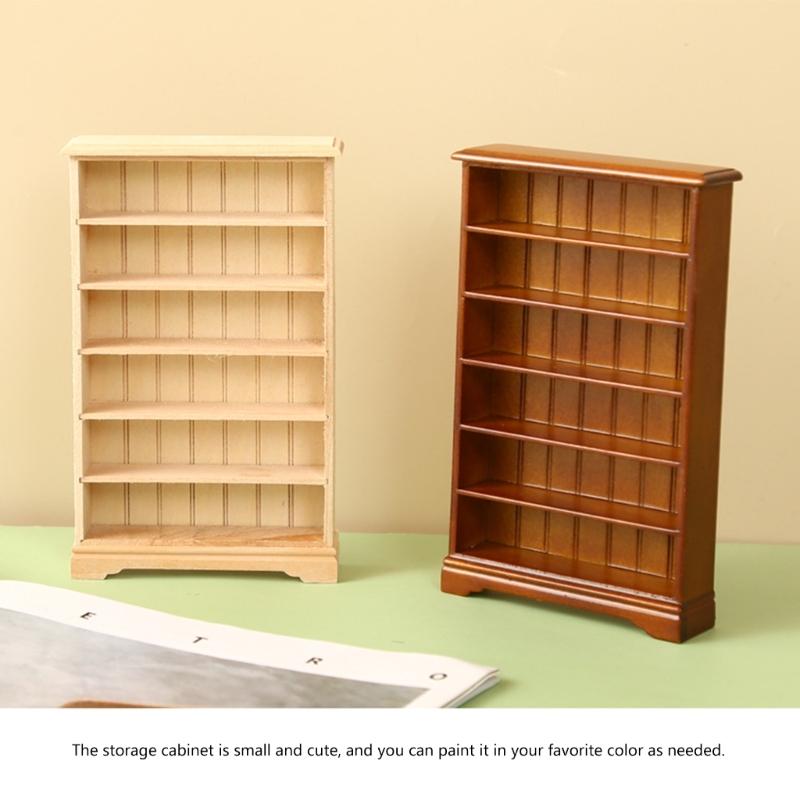 Miniature Library Wooden Bookshelf Model Realistic Dollhouses Bookcase Cabinet Furniture Ornament Decors for 1:12 Scale