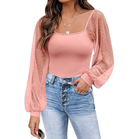 GMXIA Summer Women Fashion See-through Lantern Sleeve Stitching Slim-fit Top Woman