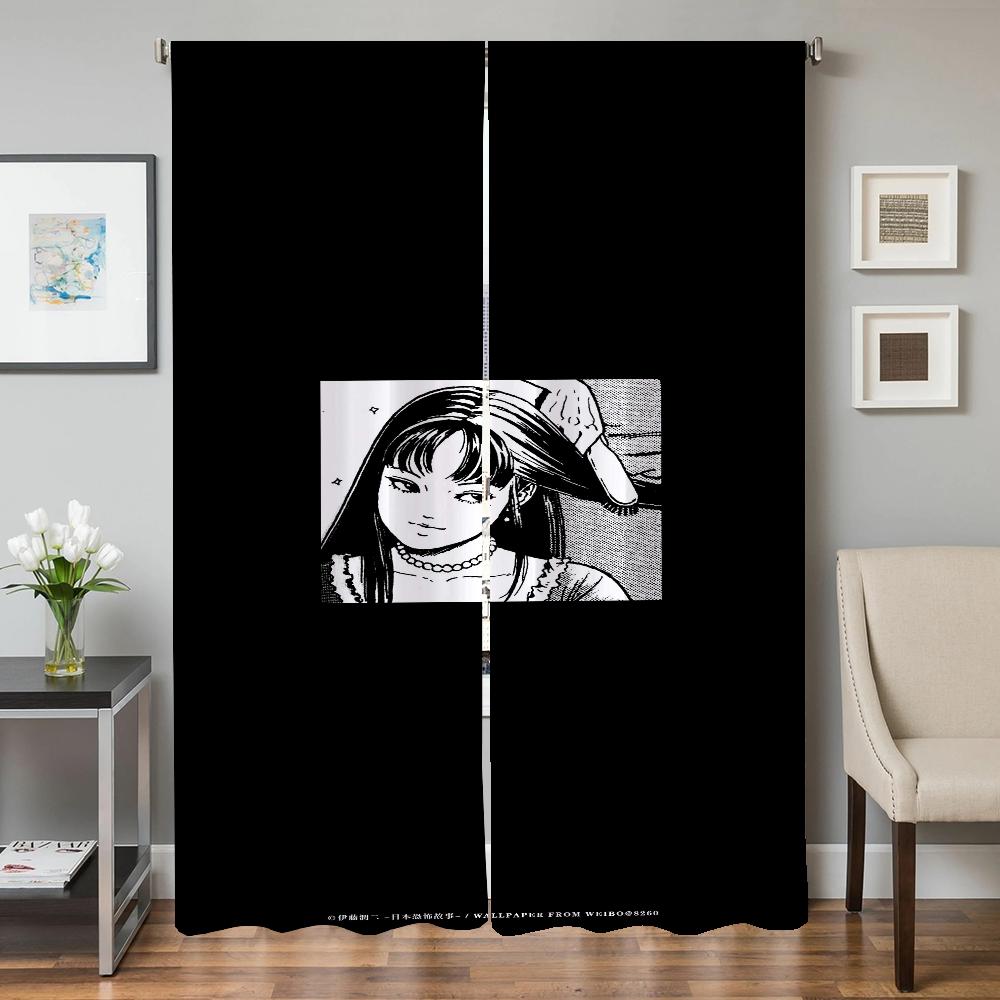 Home Interior Kitchen Curtains for Living Room 2 Pieces Blackout Curtains Door Curtain Junji Ito Bedroom Decoration Partition