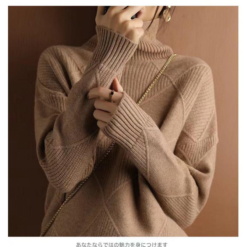 Womens High Neck Knit Sweater Solid Color Rhombus Warm Thick Long Sleeve Pullover