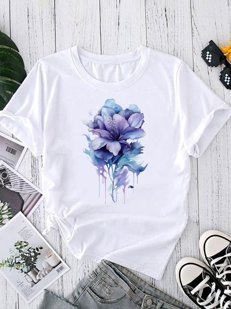 (Asian Size) flower sweet trend Women's Top T Clothing Print Short Sleeve T-shirts Fashion Female Casual O-neck Graphic Tee