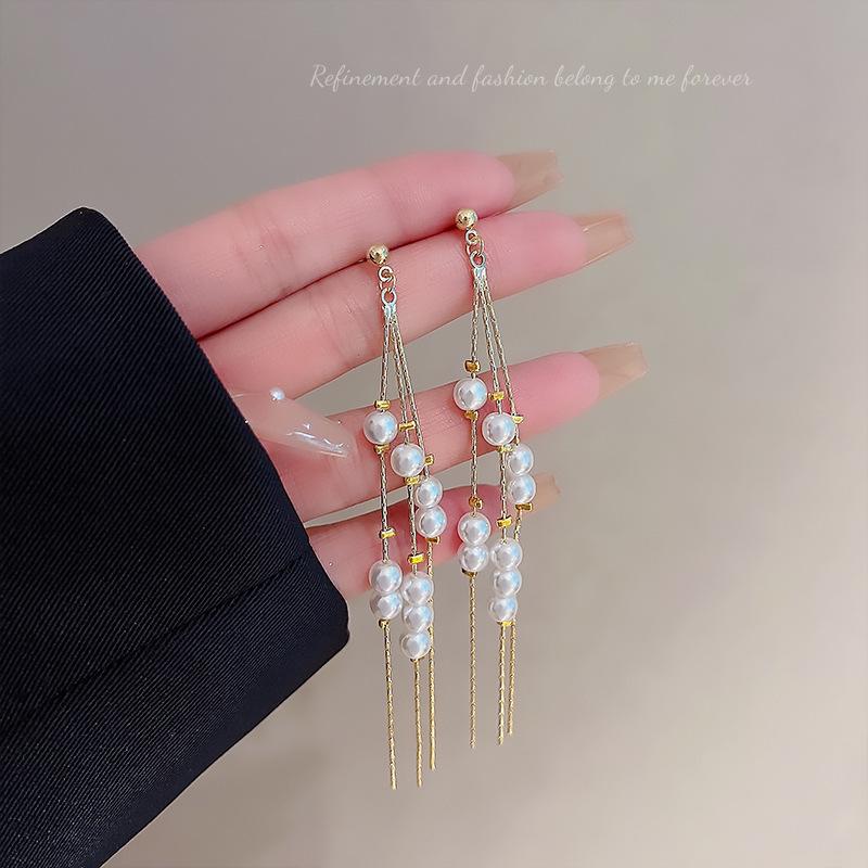 

European & American Style 925 Sterling Silver Pearl Tassel Earrings for Women