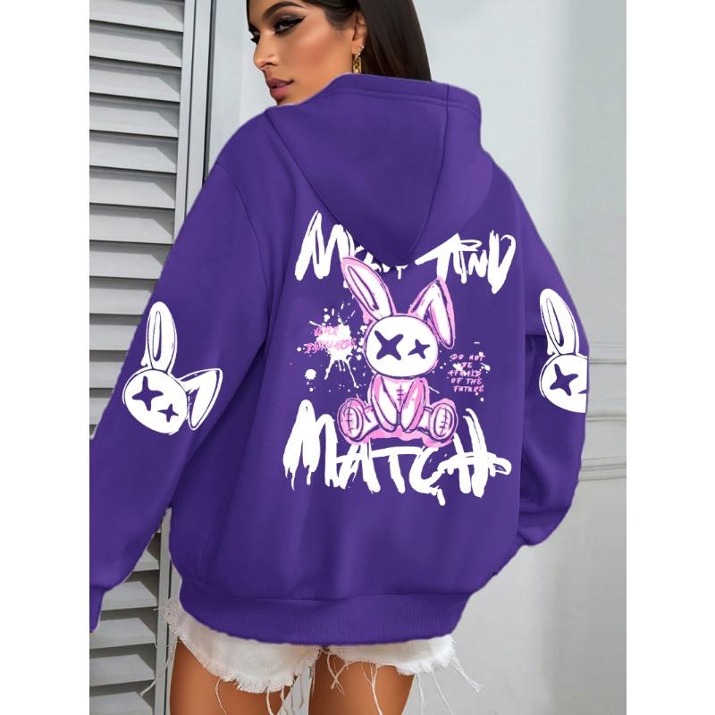 Mix And Match Cartoon Rabbit Prints Women Hoodie Pocket Streetwear Loose Hoody All-Match Fleece Female Clothing