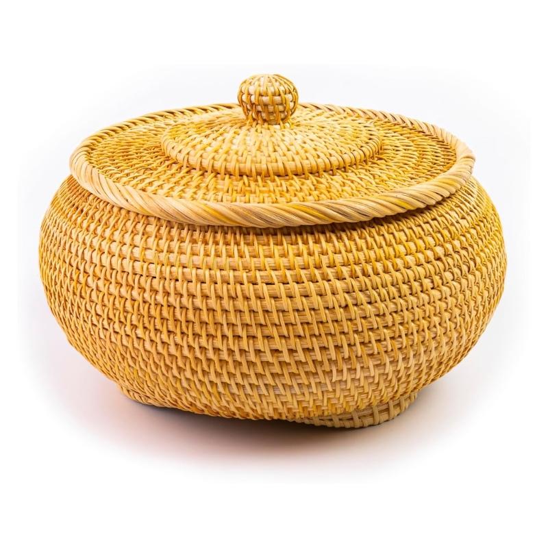 Handwoven Round Rattan Storage Basket With Ventilated Lid For Home Organization Natural Vietnamese