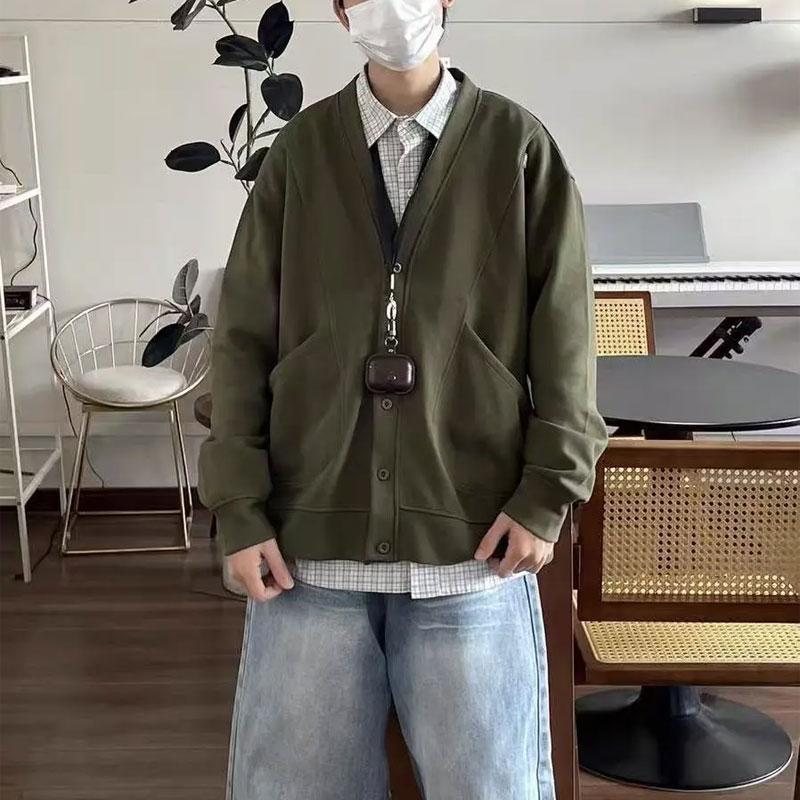 Basic Japan Style Einfarbige Jacken Herrenbekleidung Vintage V-Ausschnitt Herbst Neu Langarm Taschen Lässig Einreihige Mäntel