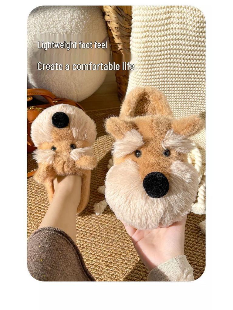 Women's Warm Furry Schnauzer Puppy Slippers - Cute Cartoon Cotton Indoor Footwear for Autumn & Winter