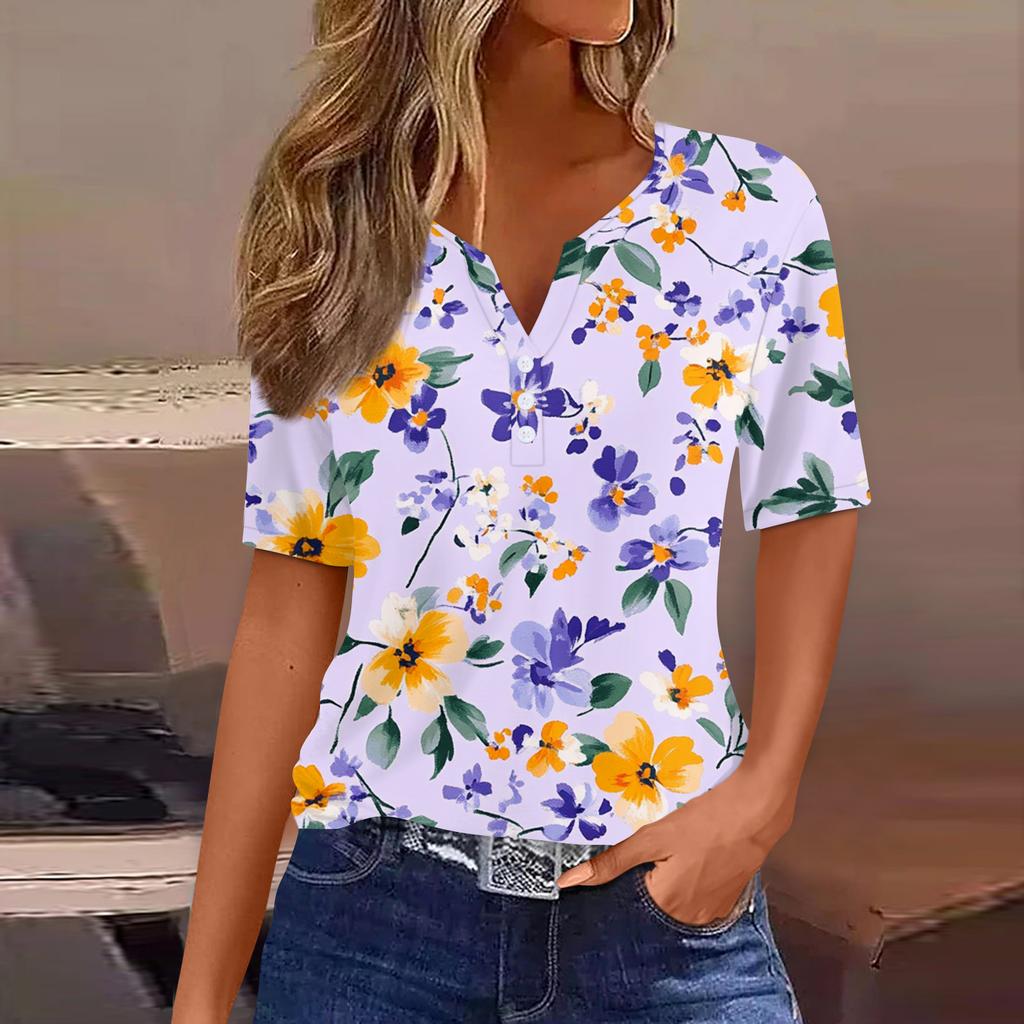 Women's T Shirt Print Button Short Sleeve Daily Weekend Fashion Basic V-Neck Regular Top