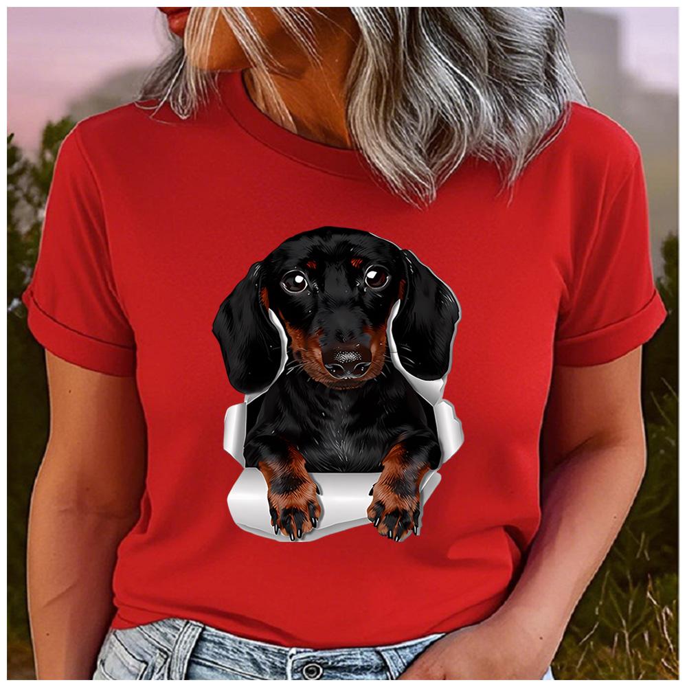 Cotton  Cute Dachshund Break Through Paper Graphic T Shirt Women Casual Pet Dog Print Short Sleeve Tee Gift For Dachshund