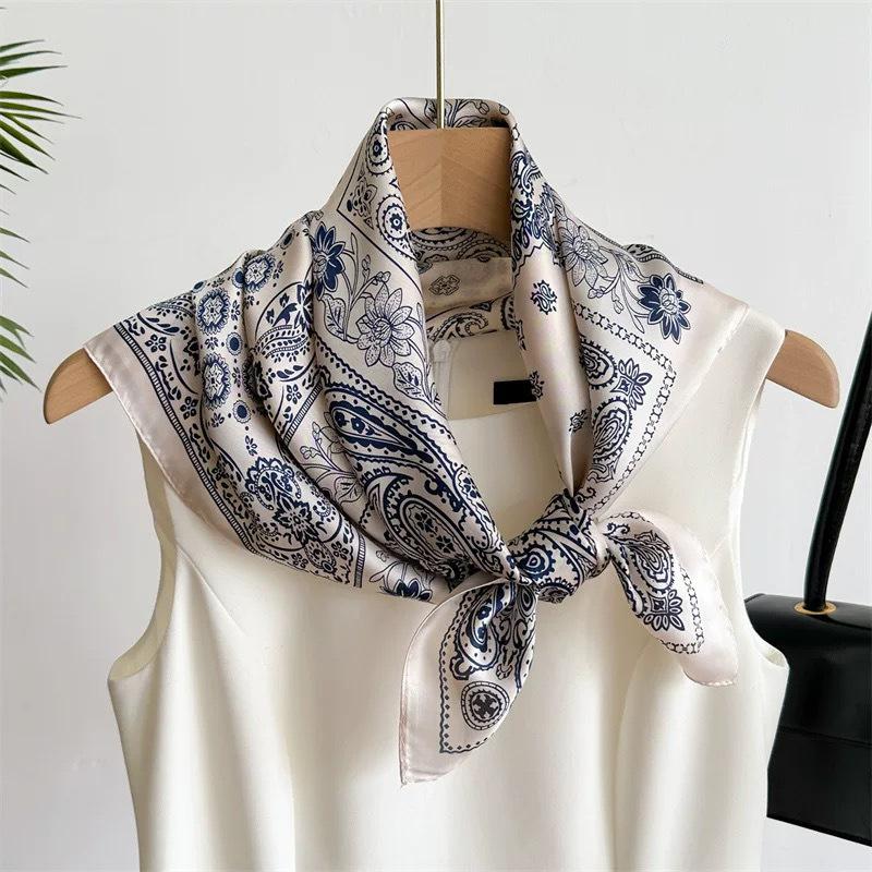 Women's Korean Style Retro Printed Imitation Silk Scarf for Professional and Casual Use