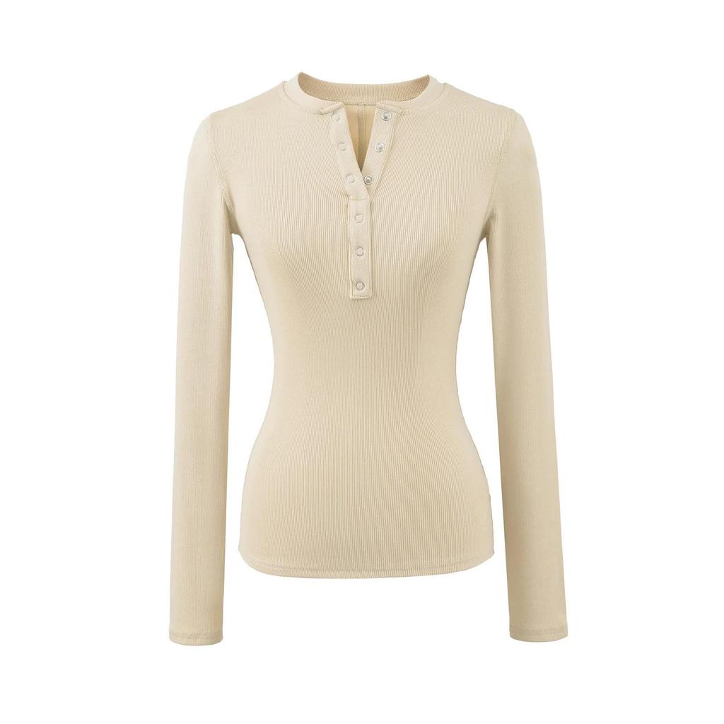 Women's Korean Style Henry Collar Long Sleeve Base Layer T-shirt for Autumn/Winter – Stylish, Stretchy, Basic Top