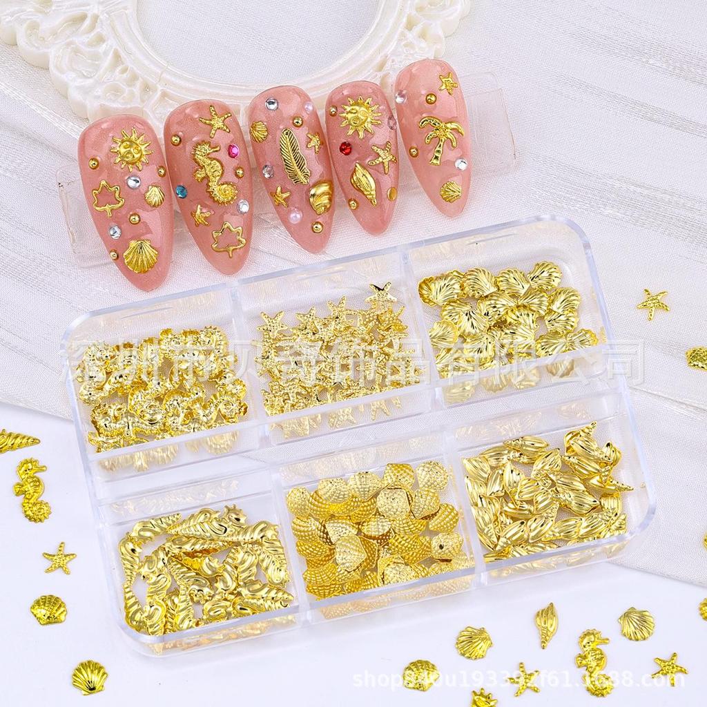 Six-Grid Ocean Style Metal Nail Art Rivet Stickers: Mixed Marine Life Nail Decorations