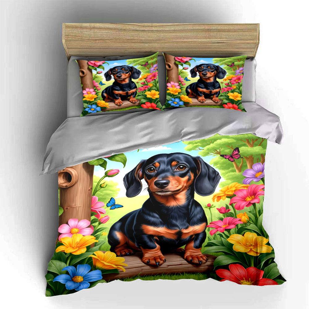 Floral Garden Dachshund Decor Set Exquisite Three-Piece Bedding Set Gift For Kids And Adults