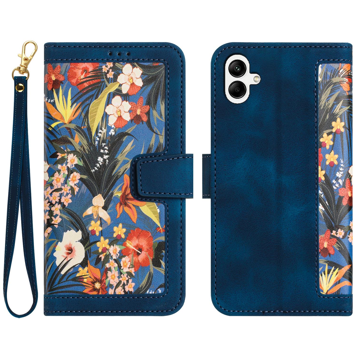 

For Samsung Galaxy A05 4G Flower Leather Case with Card Holder Stand Dark Blue