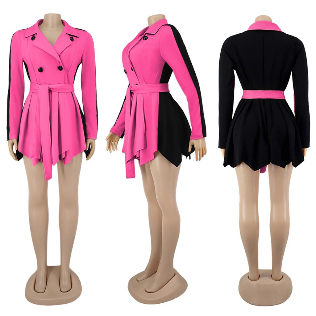 Mode Frauen verdickt Patchwork Langarm Bandage großen Revers Mantel Kleid