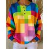 Contrast Geometric Print Waffle Long Sleeve Top Women'S Loose Casual Versatile Base Layer Outer Shirt Fashion Color Block Waffle