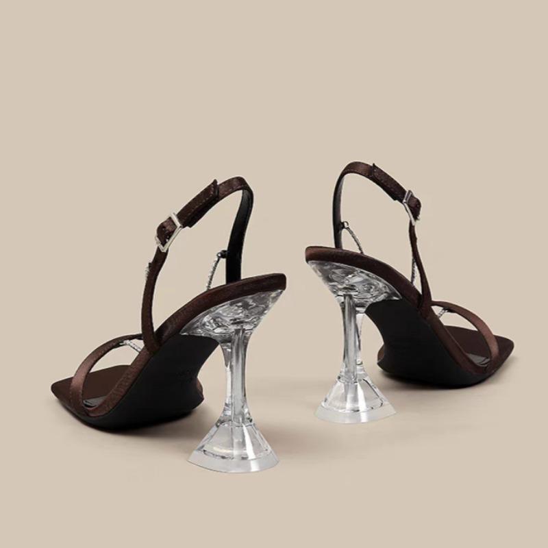 Fashion Sandals Summer New Square Head Open Toe Suede Crystal Metal Chain Metal One-button Non-slip Wear-resistant High Heels