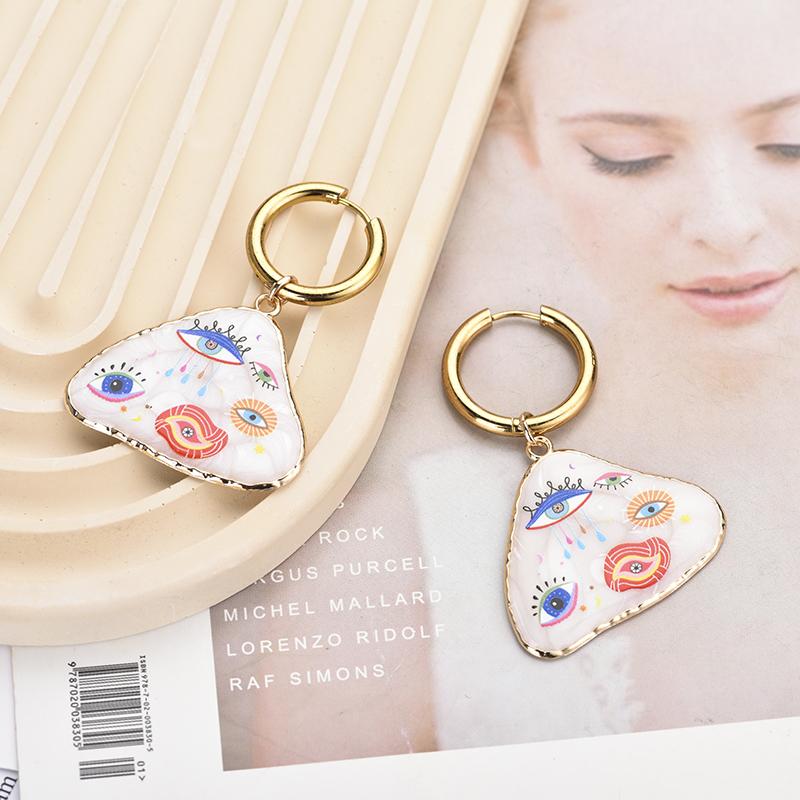 Trendy Colorful Eye Heart Star Moon Pattern Stainless Steel Hoop Earrings Woman Big Vintage Statement Geometric Enamel Jewelry