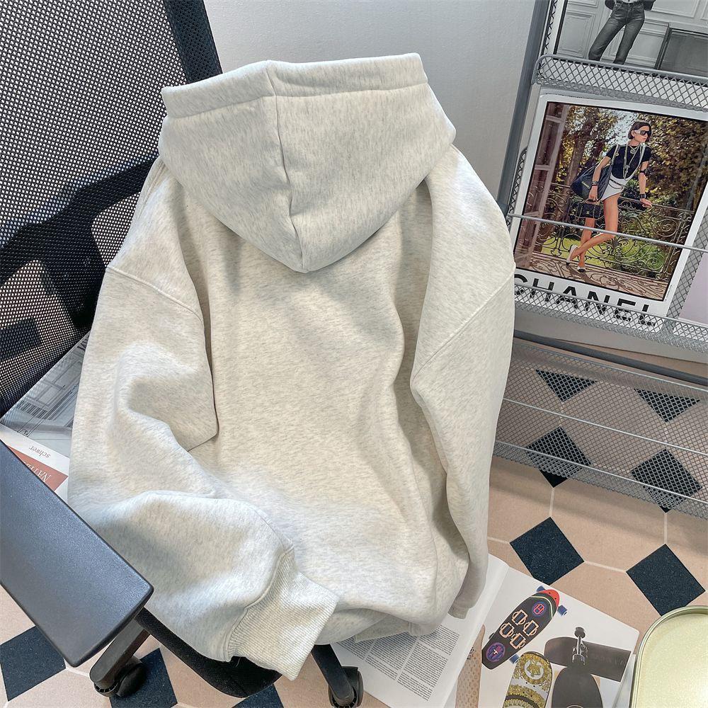 Autumn-Winter Men's Oversized White-Gray Hooded Sweatshirt, Plus Velvet, Loose Lazy Style, Trendy Versatile Jacket