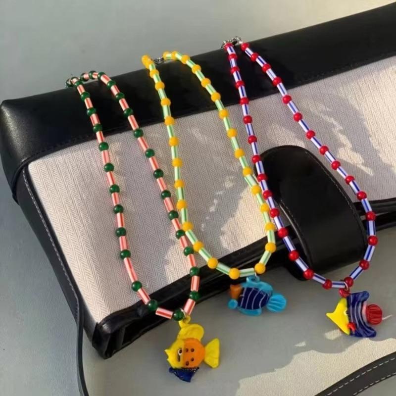 Ocean Beaded Necklace with Fish Pendant Adjustable Length Clavicle Chain for Women Fashionable Neckchain Accessory