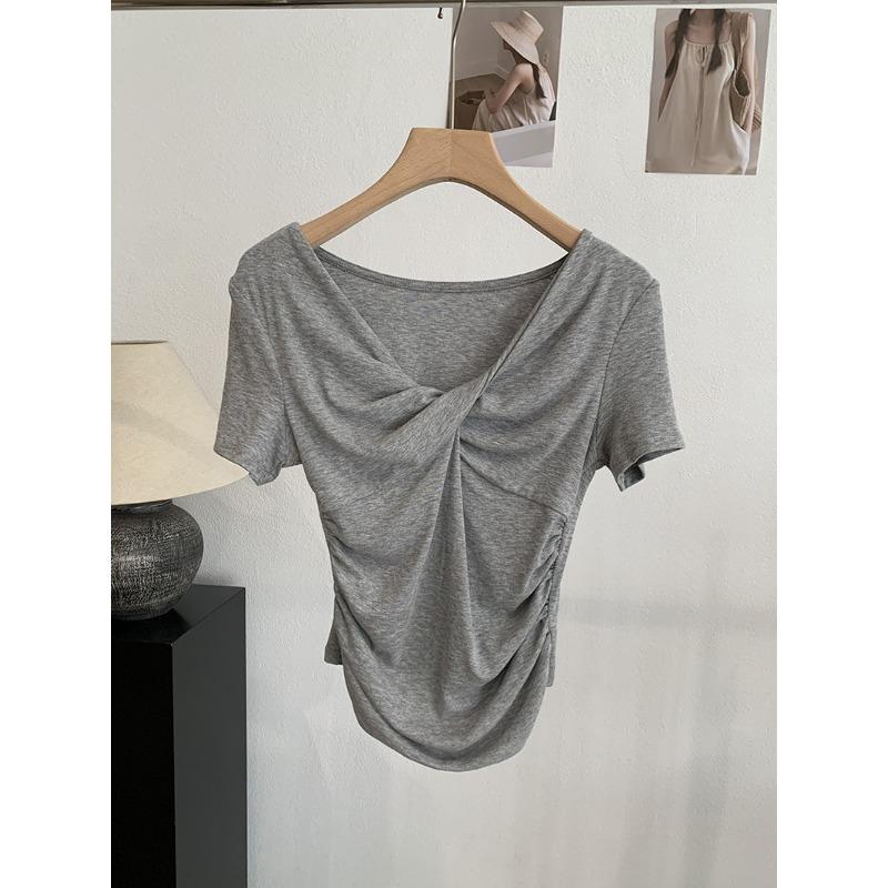 O'Malai, kink V-neck front shoulder short-sleeved T-shirt for women's summer folds, waist and thin solid color top wholesale