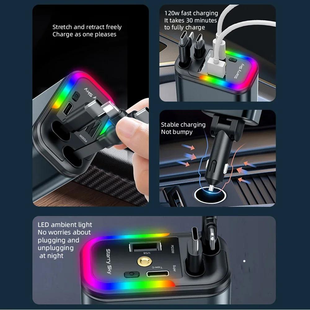 180W Car Fast Charger USB Type-C Power Adapter Retractable Phone Charger With Roof Starlight For IOS Android Phones