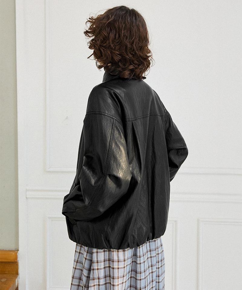 LEFTSEOUL Synthetic Leather High-Neck Blouson [Black]
