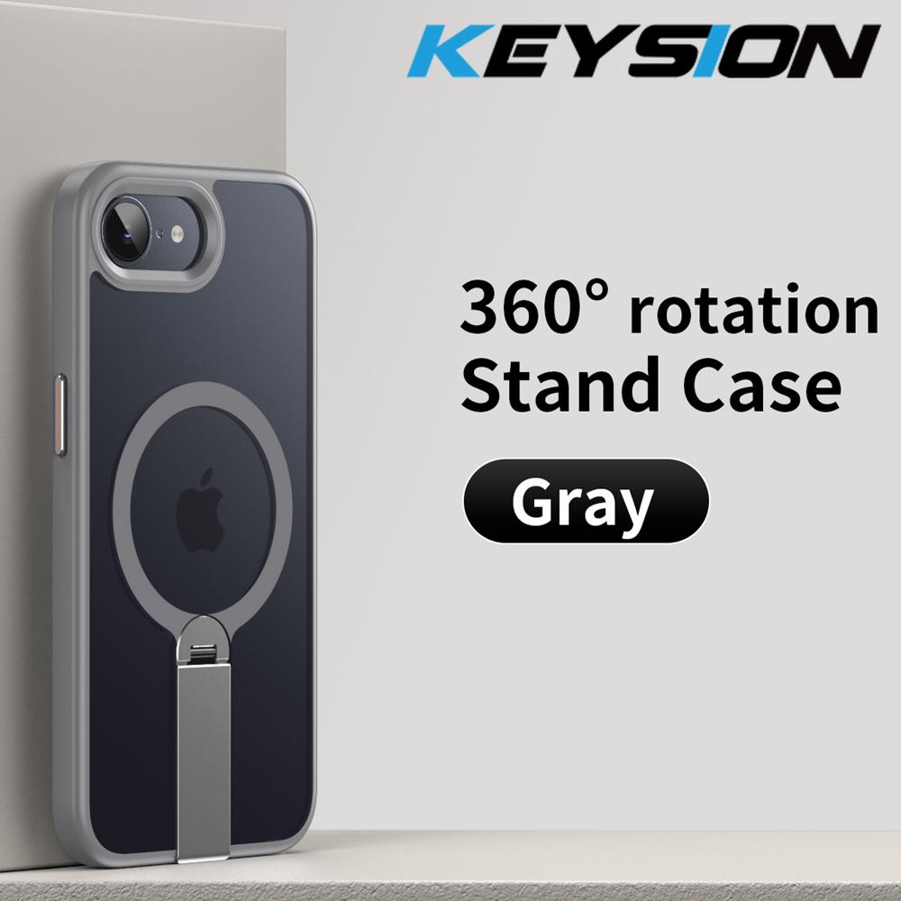 

KEYSION 360 Hidden Metal Stand Magnetic Case for Magsafe for iPhone 16 Pro Max 16 Plus 16e Transparent Matte Shockproof Phone Cover for iPhone 16e серый