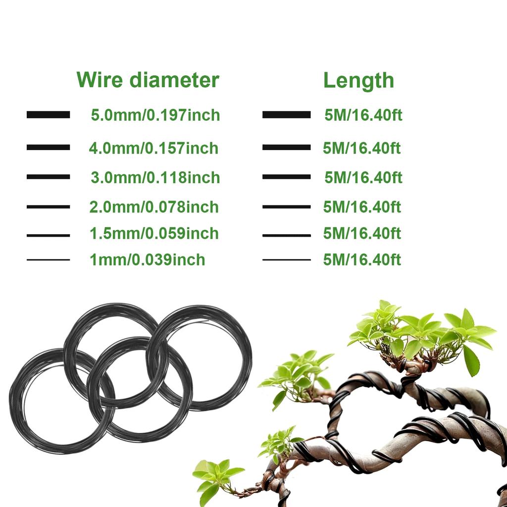 1pcs Bonsai Wires Anodized Aluminum Bonsai Training Wire With 6 Sizes 1mm/1.5mm/2mm/3mm/4mm/5mm length5m (Black) Garden Supplies