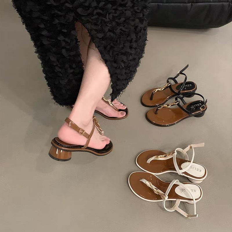 Niche thick heel French toe sandals fairy shoes 2025 new summer black temperament with skirt Roman shoes