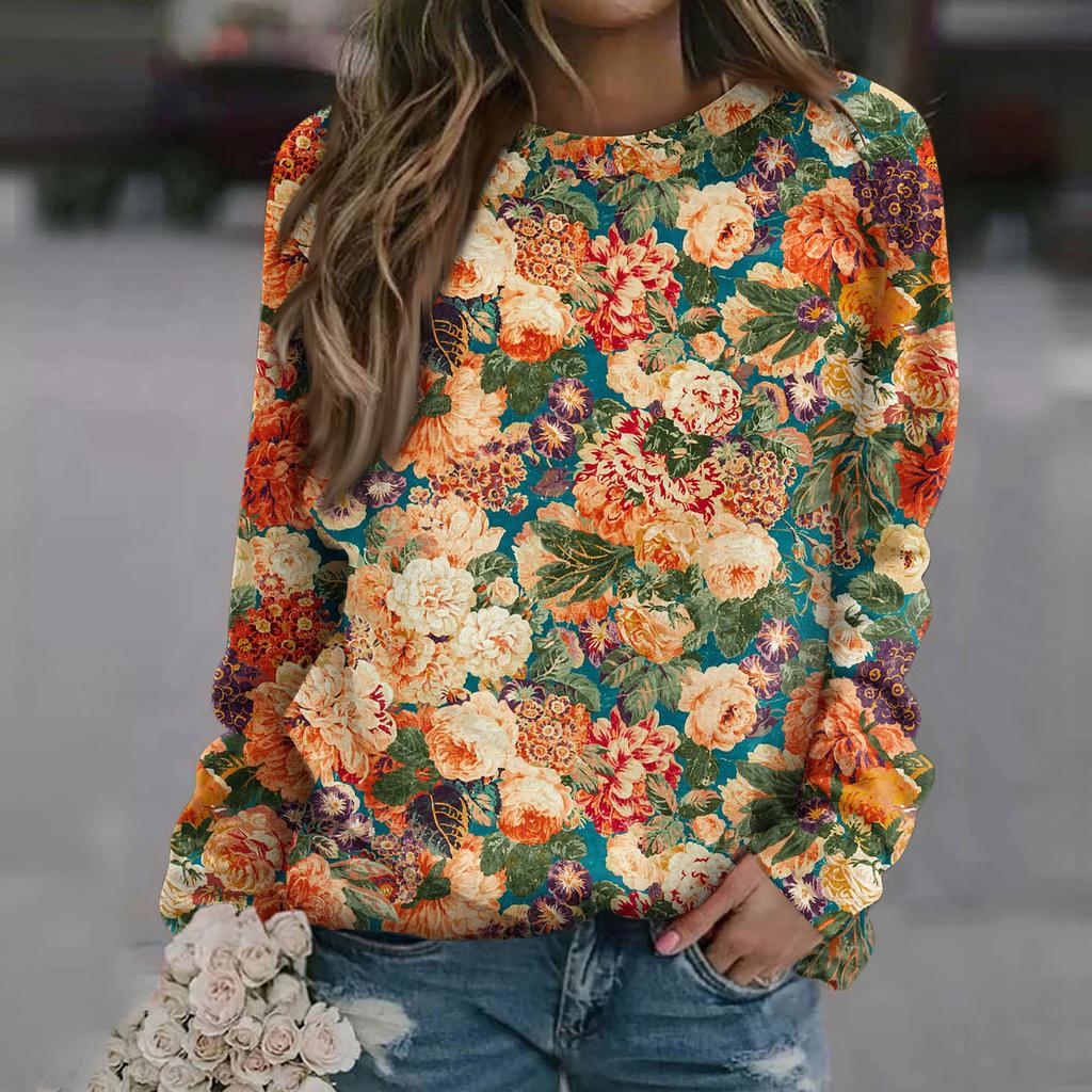 Damen Casual Fashion Print Langarm O-Ausschnitt Pullover Top Bluse