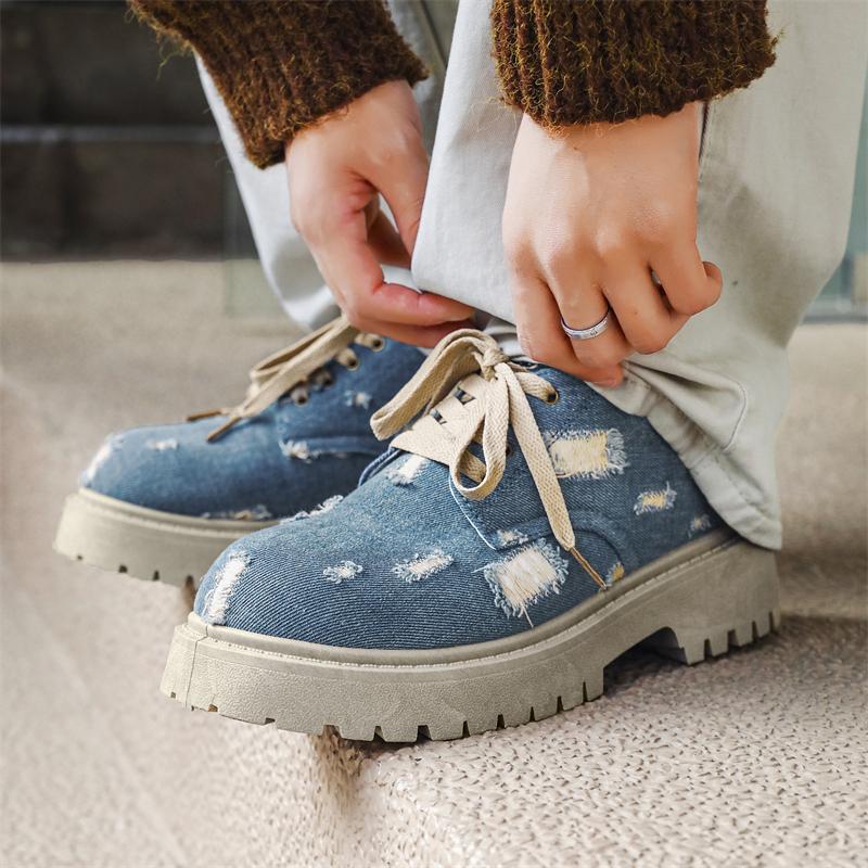 Fashion Spring Men's Black Versatile Canvas Fashion Derby Shoes Luxury Thick Sole Trendy Perforated Designer Casual Workwear Board Shoes