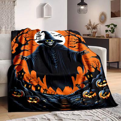 1pc Halloween Spooky Blanket, Lightweight Flannel Throw Blanket For Sofa, Bed, Travel, Camping, Living Room, Office, Couch, Chair, And Bed