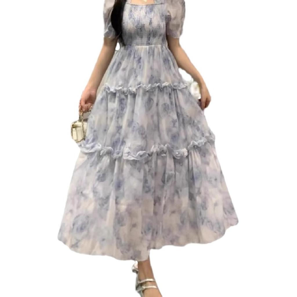 Large size women's floral dress women's summer waist and thin skirt super fairy Mori fat mm drape a-word skirt