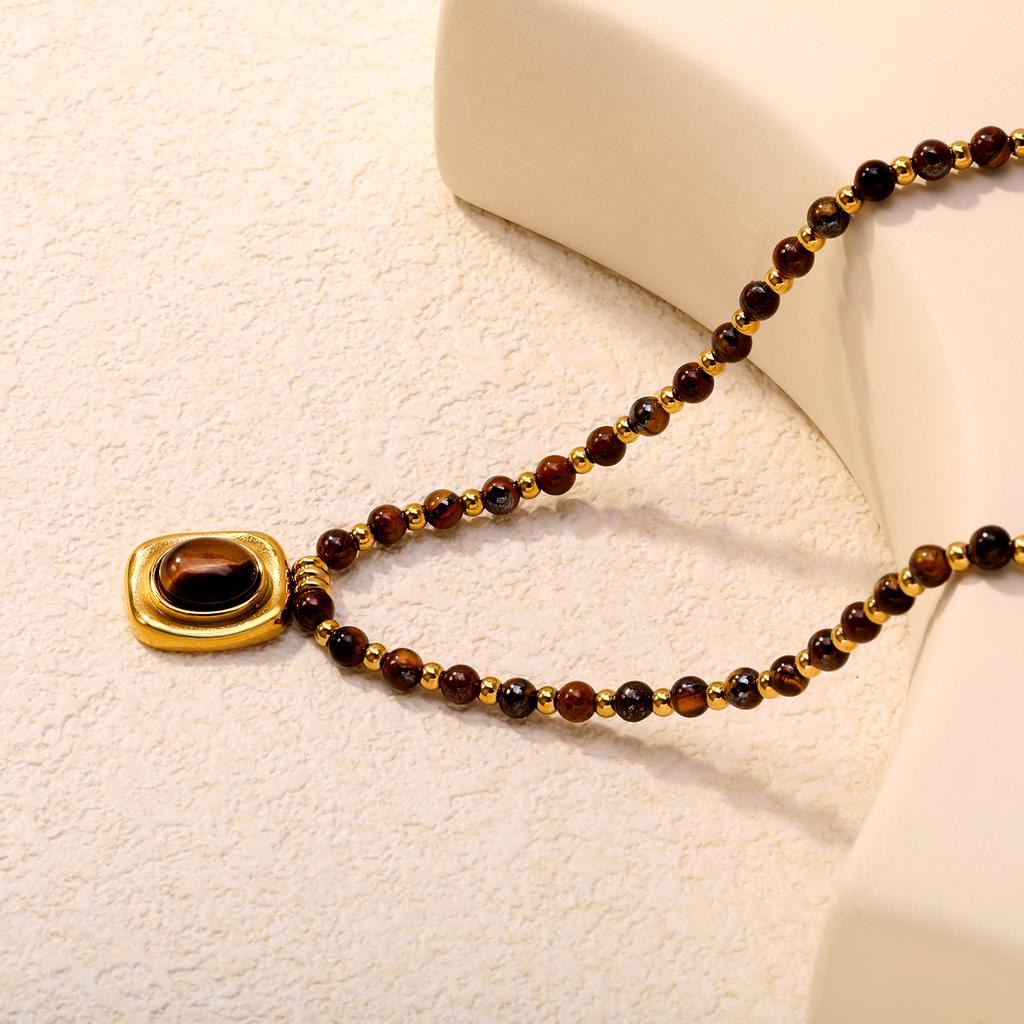 Jewelry Tiger's Eye Stone Necklace Splicing Freshwater Pearl Clavicle Chain Stainless Steel Plated 18K Gold Necklace Women