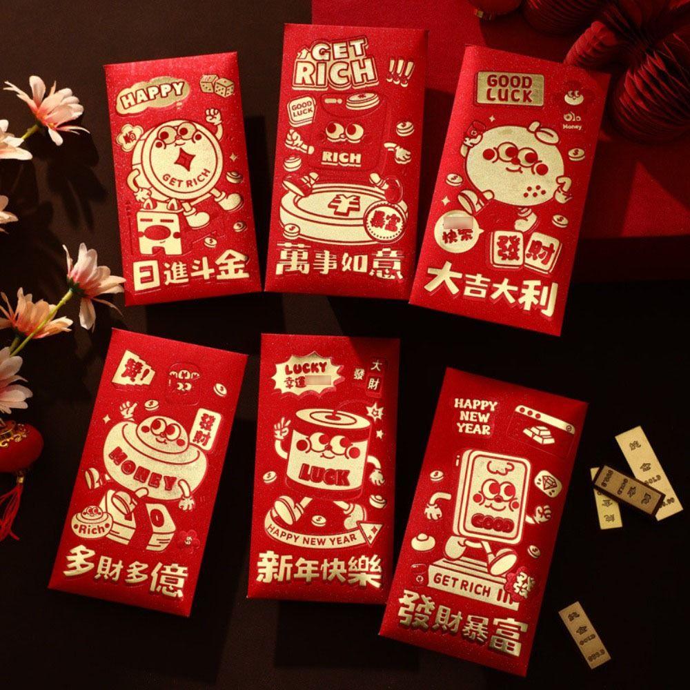 6pcs Blessings Printing Lucky Money Bag Solid HongBao Cartoon Red Packet Year of The Snake